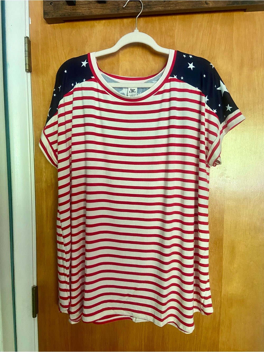 🇺🇸Sew In Love Red & White Striped Tee with Navy Star Shoulders🇺🇸 - Picture 2 of 5